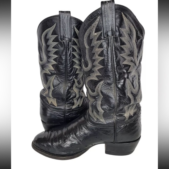 Vintage Tony Lama Mens Black Ostrich Rodeo Cowboy Western Boots Size 8.5 D